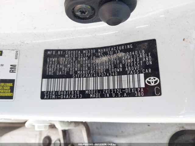 Продаж на аукціоні авто 2020 Toyota Corolla Le, vin: 5YFEPRAE4LP074340, номер лоту: 45093303