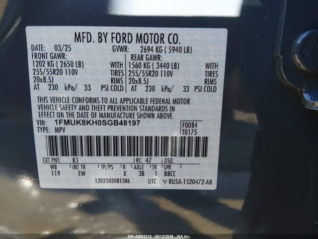 Aukcja sprzedaży 2025 Ford Explorer St-line, vin: 1FMUK8KH0SGB48197, numer aukcji: 45093315