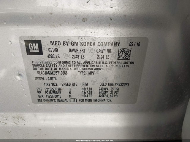 Aukcja sprzedaży 2018 Buick Encore Preferred, vin: KL4CJASBXJB710666, numer aukcji: 45093318