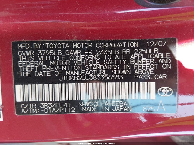 Aukcja sprzedaży 2008 Toyota Prius, vin: JTDKB20U383356583, numer aukcji: 45093322