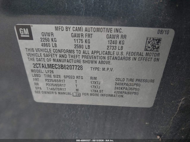 45093327 :رقم المزاد ، 2CTALMEC3B6207728 vin ، 2011 Gmc Terrain Sle-1 مزاد بيع