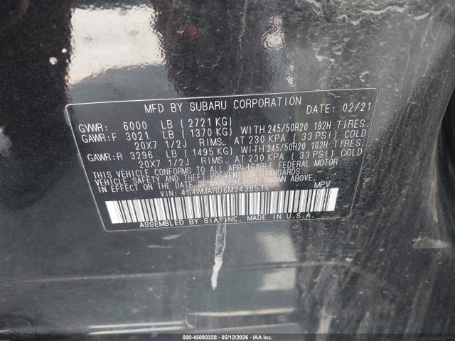 2021 Subaru Ascent Touring მანქანა იყიდება აუქციონზე, vin: 4S4WMARD6M3438516, აუქციონის ნომერი: 45093328