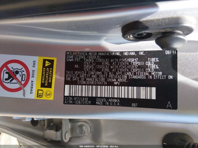Продаж на аукціоні авто 2012 Toyota Highlander Se V6, vin: 5TDBK3EH9CS104734, номер лоту: 45093333