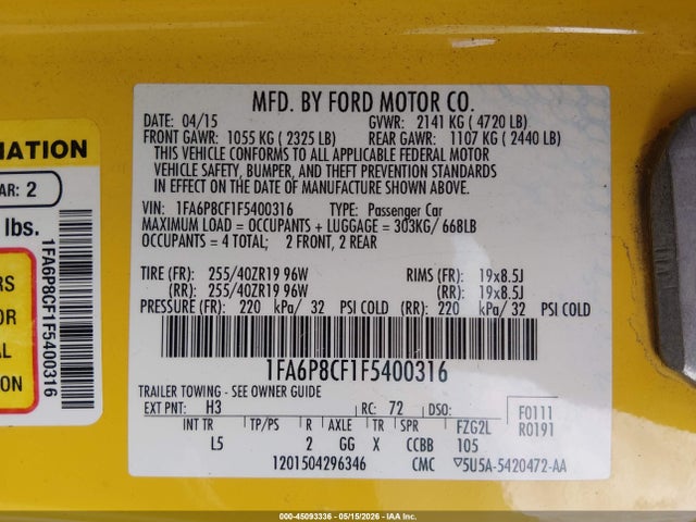 Ford Mustang Gt Premium 2015 1FA6P8CF1F5400316 Image 9