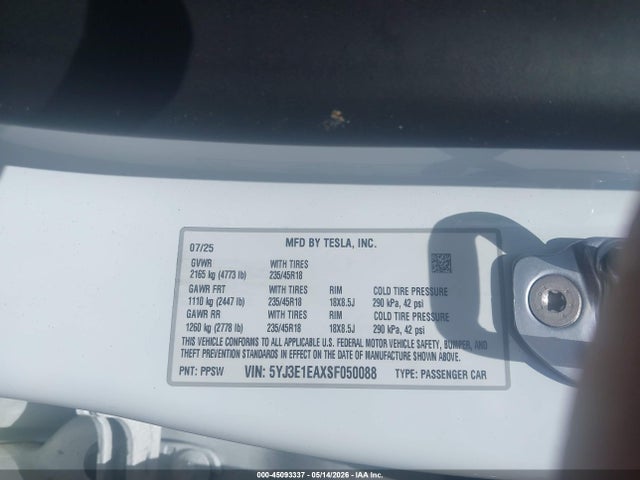 Aukcja sprzedaży 2025 Tesla Model 3 Long Range Rear-wheel Drive/standard Rear-wheel Drive, vin: 5YJ3E1EAXSF050088, numer aukcji: 45093337