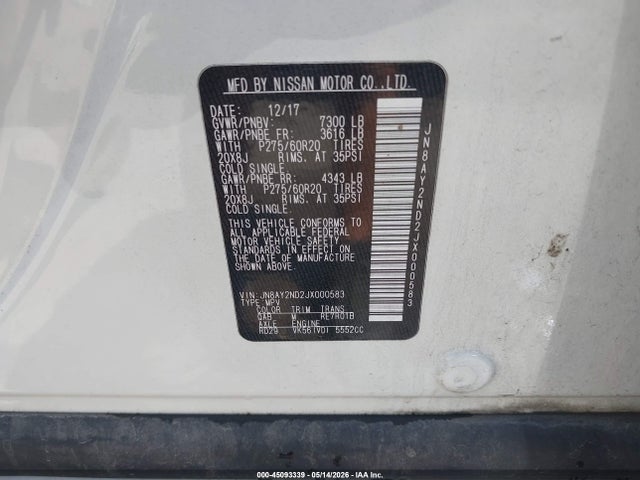 Aukcja sprzedaży 2018 Nissan Armada Sl, vin: JN8AY2ND2JX000583, numer aukcji: 45093339