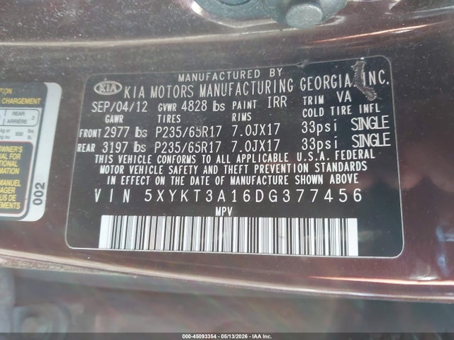 Продаж на аукціоні авто 2013 Kia Sorento Lx, vin: 5XYKT3A16DG377456, номер лоту: 45093354