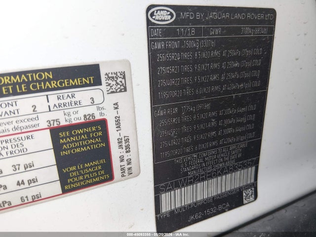 45093355 :رقم المزاد ، SALWR2RE6KA835357 vin ، 2019 Land Rover Range Rover Sport Supercharged Dynamic مزاد بيع