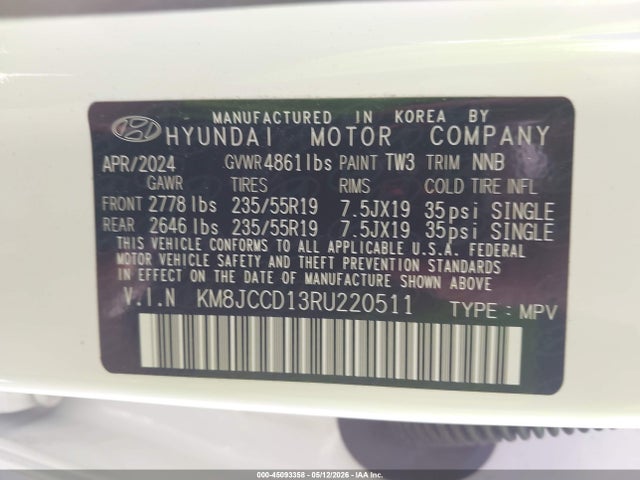 2024 Hyundai Tucson Hybrid Sel Convenience მანქანა იყიდება აუქციონზე, vin: KM8JCCD13RU220511, აუქციონის ნომერი: 45093358