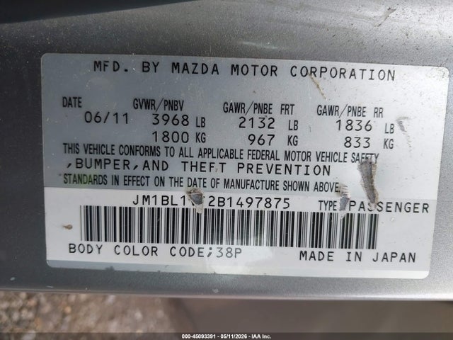 Aukcja sprzedaży 2011 Mazda Mazda3 I Touring, vin: JM1BL1VF2B1497875, numer aukcji: 45093391