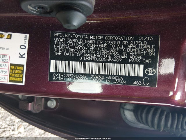 Aukcja sprzedaży 2013 Toyota Prius Three Se, vin: JTDKN3DU0D5586409, numer aukcji: 45093396