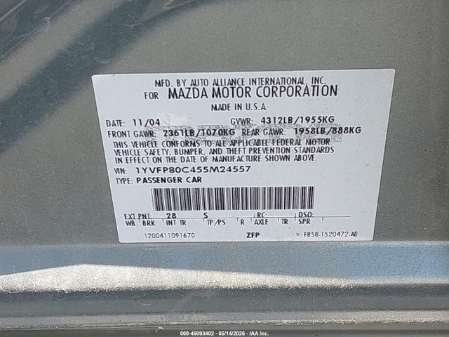 Aukcja sprzedaży 2005 Mazda Mazda6 I Base, vin: 1YVFP80C455M24557, numer aukcji: 45093402