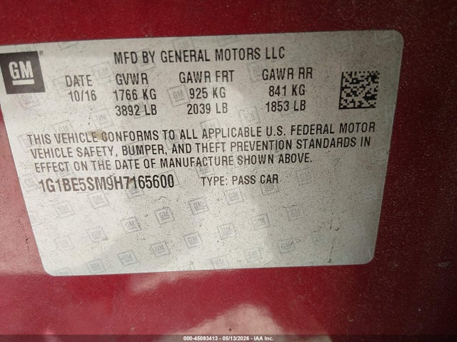 2017 Chevrolet Cruze Lt Auto მანქანა იყიდება აუქციონზე, vin: 1G1BE5SM9H7165600, აუქციონის ნომერი: 45093413