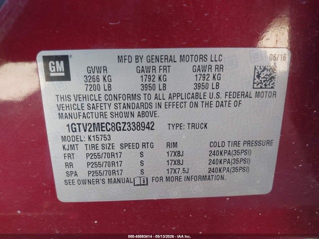Aukcja sprzedaży 2016 Gmc Sierra 1500 Sle, vin: 1GTV2MEC8GZ338942, numer aukcji: 45093414