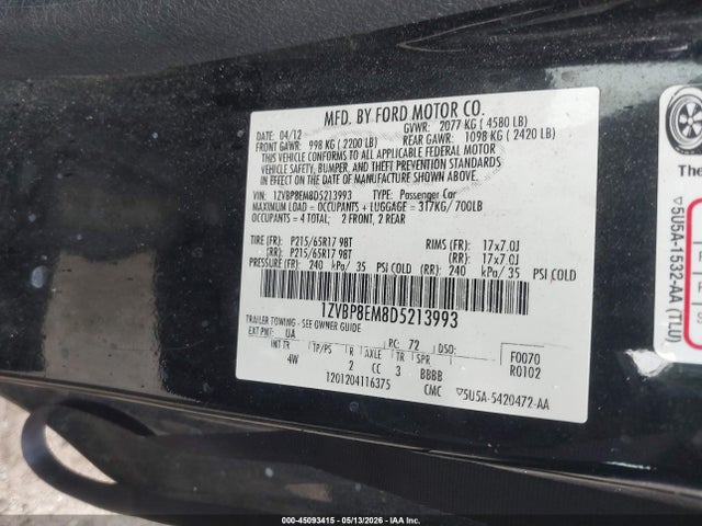 45093415 :رقم المزاد ، 1ZVBP8EM8D5213993 vin ، 2013 Ford Mustang V6 Premium مزاد بيع