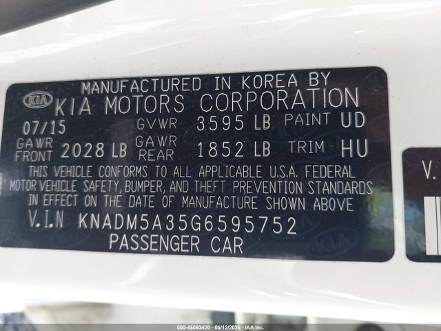 Aukcja sprzedaży 2016 Kia Rio Lx, vin: KNADM5A35G6595752, numer aukcji: 45093420