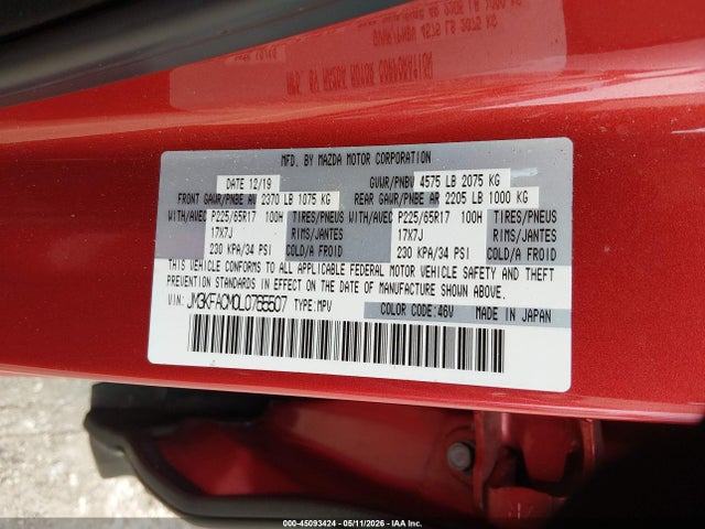 Продажа на аукционе авто 2020 Mazda Cx-5 Touring, vin: JM3KFACM0L0765507, номер лота: 45093424