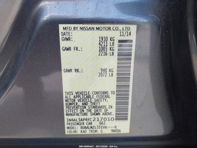 Aukcja sprzedaży 2015 Nissan Altima 2.5 Sv, vin: 1N4AL3AP4FC217010, numer aukcji: 45093427
