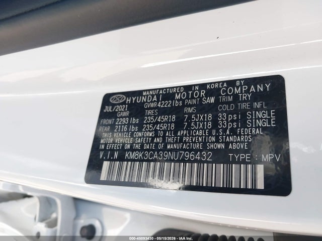 45093430 :رقم المزاد ، KM8K3CA39NU796432 vin ، 2022 Hyundai Kona N Line مزاد بيع