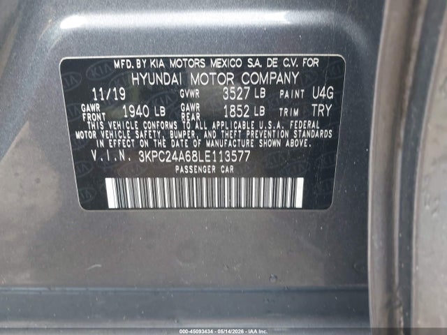 Продаж на аукціоні авто 2020 Hyundai Accent Se, vin: 3KPC24A68LE113577, номер лоту: 45093434