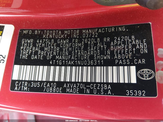 2022 Toyota Camry Se მანქანა იყიდება აუქციონზე, vin: 4T1G11AK1NU036311, აუქციონის ნომერი: 45093438