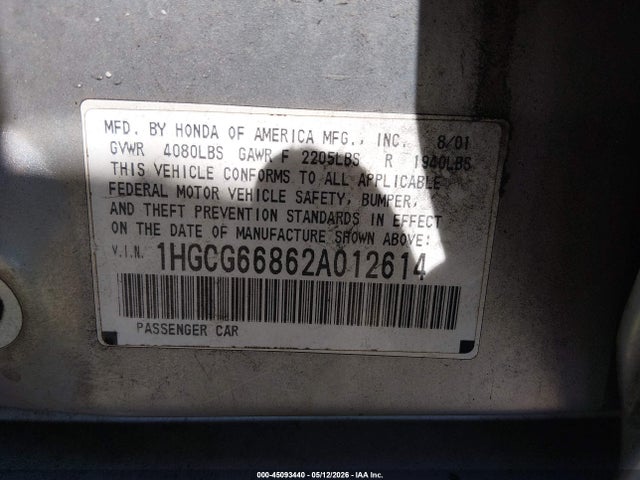 45093440 :رقم المزاد ، 1HGCG66862A012614 vin ، 2002 Honda Accord 2.3 Ex/2.3 Se مزاد بيع