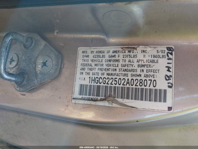 2002 Honda Accord 3.0 Ex მანქანა იყიდება აუქციონზე, vin: 1HGCG22502A028070, აუქციონის ნომერი: 45093443