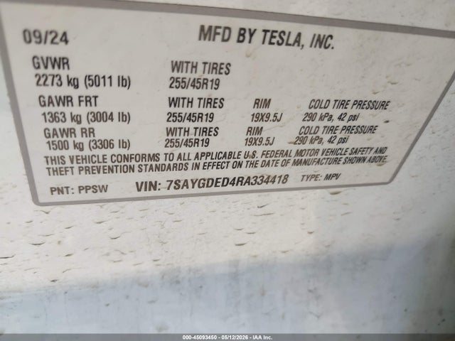 45093450 :رقم المزاد ، 7SAYGDED4RA334418 vin ، 2024 Tesla Model Y Long Range Single Motor Rear-wheel Drive/rwd مزاد بيع