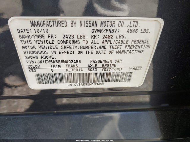 Aukcja sprzedaży 2011 Infiniti G37x, vin: JN1CV6AR9BM403455, numer aukcji: 45093451