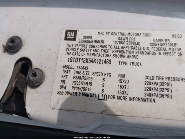 45093462 :رقم المزاد ، 1GTDT13X54K121463 vin ، 2004 Gmc Sonoma Sls مزاد بيع