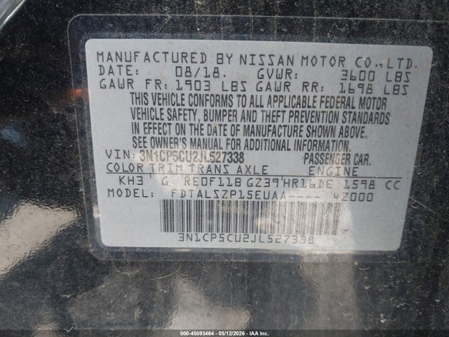 Продаж на аукціоні авто 2018 Nissan Kicks Sv, vin: 3N1CP5CU2JL527338, номер лоту: 45093464