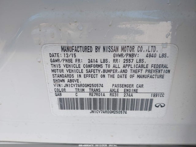 Aukcja sprzedaży 2016 Infiniti Q50 2.0t Premium, vin: JN1CV7AR0GM250574, numer aukcji: 45093470