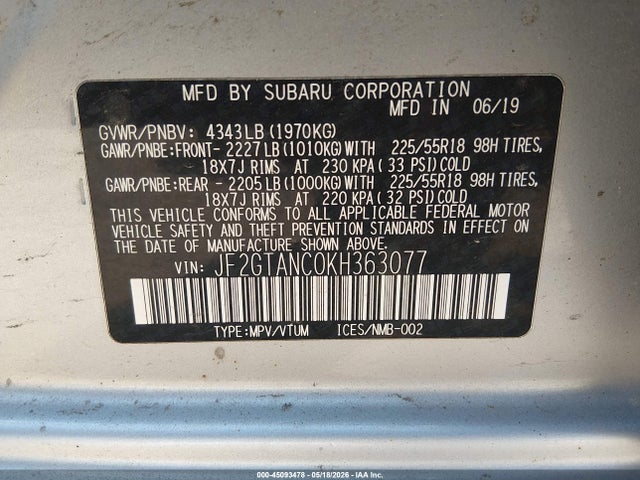 Aukcja sprzedaży 2019 Subaru Crosstrek 2.0i Limited, vin: JF2GTANC0KH363077, numer aukcji: 45093478