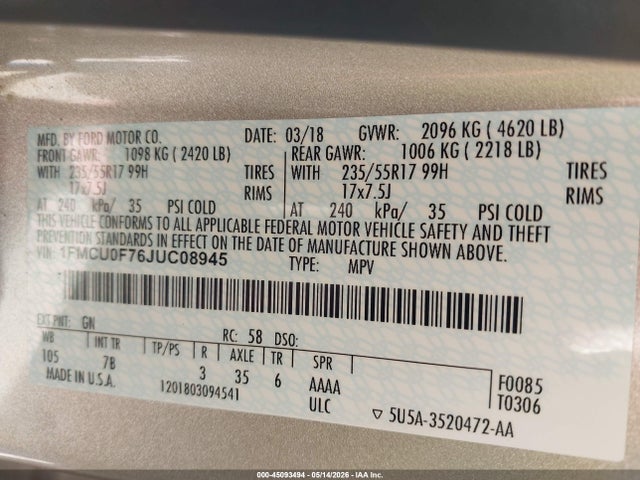 Aukcja sprzedaży 2018 Ford Escape S, vin: 1FMCU0F76JUC08945, numer aukcji: 45093494