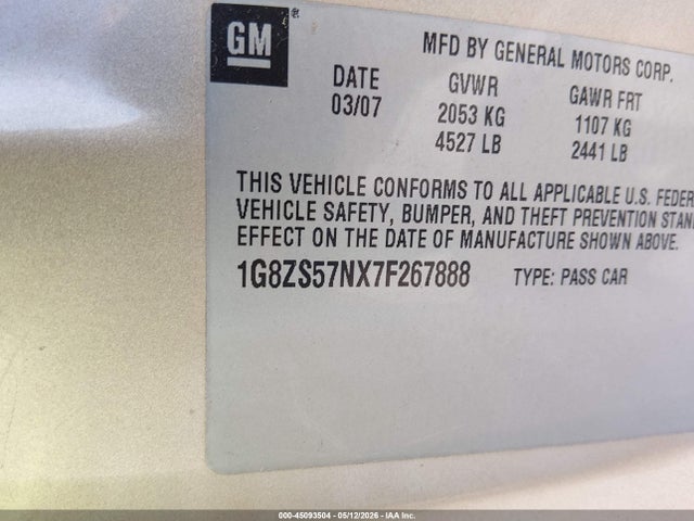 45093504 :رقم المزاد ، 1G8ZS57NX7F267888 vin ، 2007 Saturn Aura Xe مزاد بيع