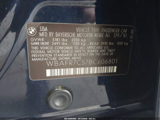 Продаж на аукціоні авто 2011 Bmw 535i, vin: WBAFR7C57BC606801, номер лоту: 45093506