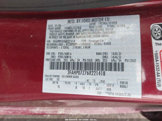 45093516 :رقم المزاد ، 3FAHP07Z76R221418 vin ، 2006 Ford Fusion Se مزاد بيع