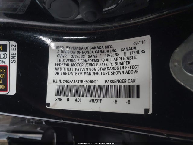 Aukcja sprzedaży 2011 Honda Civic Ex, vin: 2HGFA1F81BH509041, numer aukcji: 45093517