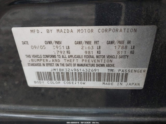 45093518 :رقم المزاد ، JM1BK324961432691 vin ، 2006 Mazda Mazda3 S Grand Touring مزاد بيع