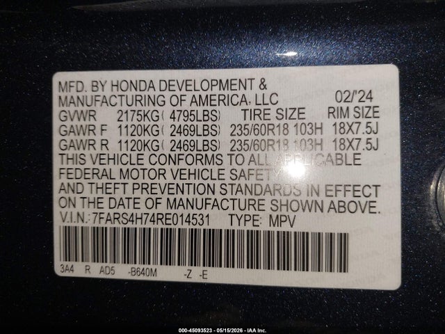 Aukcja sprzedaży 2024 Honda Cr-v Ex-l Awd, vin: 7FARS4H74RE014531, numer aukcji: 45093523