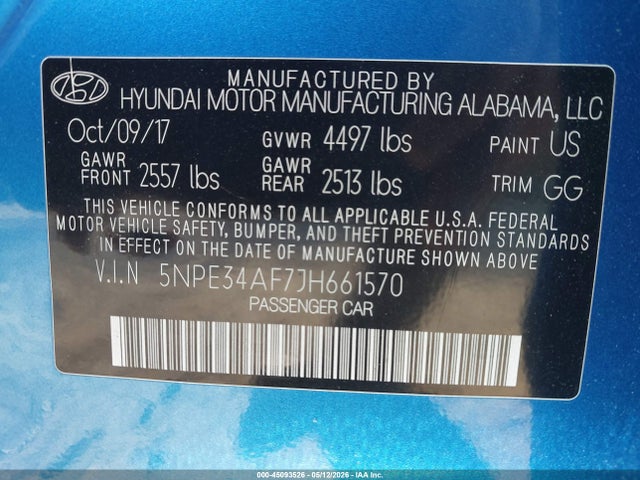 2018 Hyundai Sonata Sel მანქანა იყიდება აუქციონზე, vin: 5NPE34AF7JH661570, აუქციონის ნომერი: 45093526