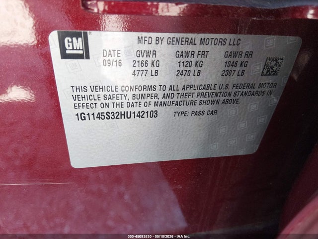 Aukcja sprzedaży 2017 Chevrolet Impala 2lz, vin: 1G1145S32HU142103, numer aukcji: 45093530