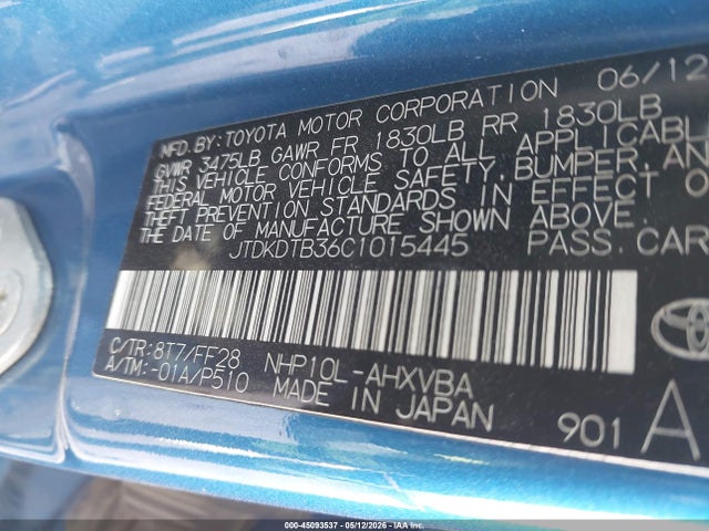 2012 Toyota Prius C Two მანქანა იყიდება აუქციონზე, vin: JTDKDTB36C1015445, აუქციონის ნომერი: 45093537