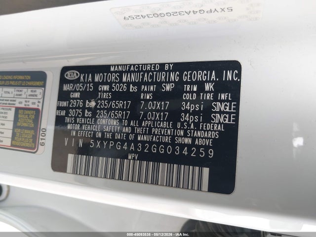 5XYPG4A32GG034259 KIA Sorento 2.4l Lx