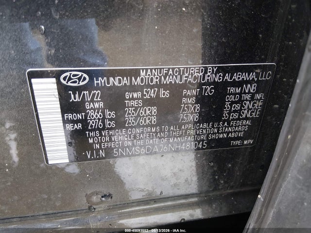 45093552 :رقم المزاد ، 5NMS6DAJ6NH481045 vin ، 2022 Hyundai Santa Fe Xrt مزاد بيع