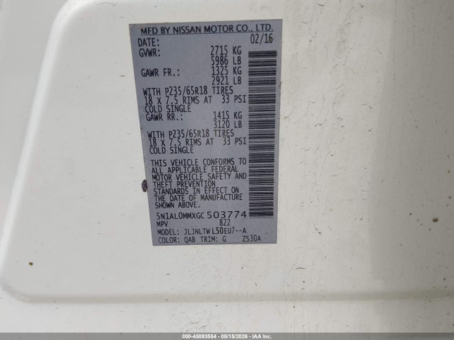 2016 Infiniti Qx60 მანქანა იყიდება აუქციონზე, vin: 5N1AL0MMXGC503774, აუქციონის ნომერი: 45093554