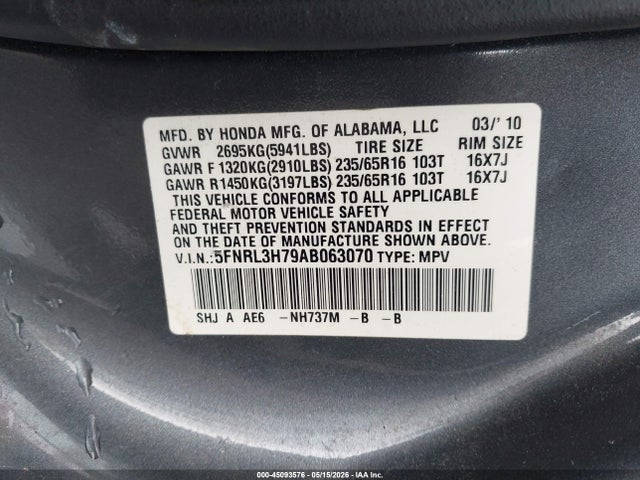 Продажа на аукционе авто 2010 Honda Odyssey Ex-l, vin: 5FNRL3H79AB063070, номер лота: 45093576