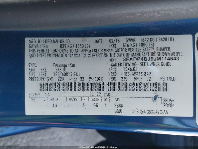 45093578 :رقم المزاد ، 3FADP4BJ9JM114643 vin ، 2018 Ford Fiesta Se مزاد بيع