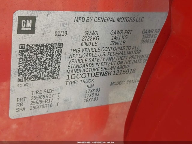 45093581 :رقم المزاد ، 1GCGTDEN8K1215916 vin ، 2019 Chevrolet Colorado Z71 مزاد بيع