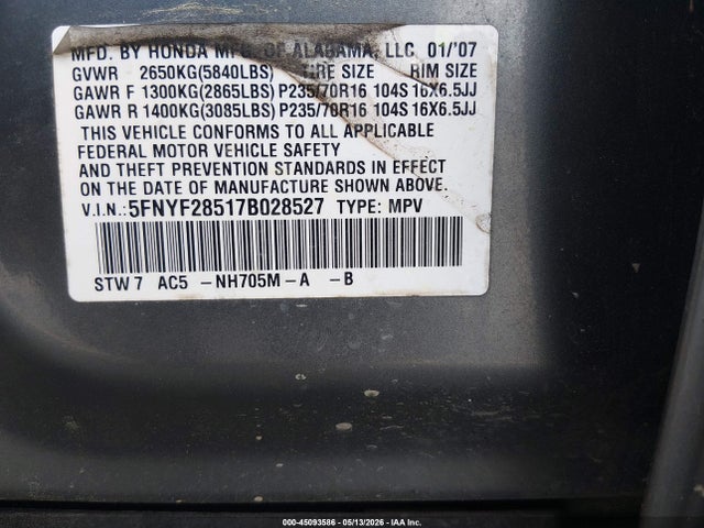 Aukcja sprzedaży 2007 Honda Pilot Ex-l, vin: 5FNYF28517B028527, numer aukcji: 45093586